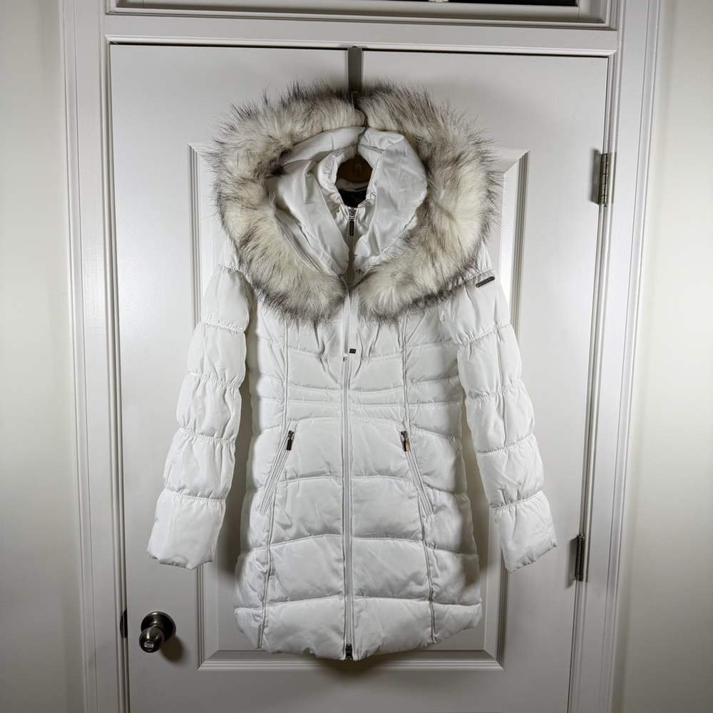 Chinese Laundry by Shelli Segal White Puffer Coat with Fur Trim, Small